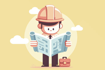 A smart businessman stands at a project site reading and correcting the project construction plan
