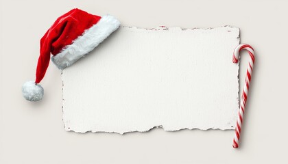 A jolly Christmas sign, adorned with a Santa hat and a candy cane stand, blank and ready for a holiday message.