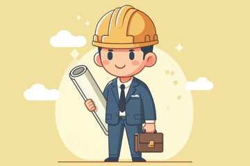 Illustration of a smart businessman standing at a project site carrying a paper plan