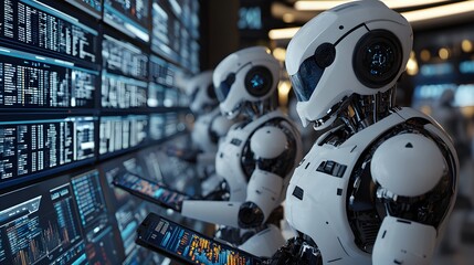 Fototapeta premium Several robots in professional business attire interacting and analyzing data at a stock exchange, illustrating the concept of corporate AI and its emerging role in the financial industry. 