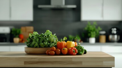A kitchen scene where a wooden table is topped with ripe produce, surrounded by a modern kitchen environment.