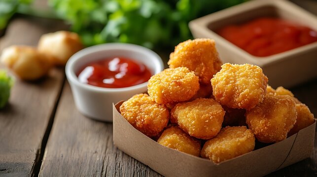 Takeaway food  fried breaded chicken nuggets and vegetables on wooden table : Generative AI