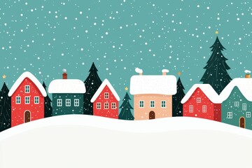 Fototapeta premium A charming winter scene featuring colorful houses blanketed in snow, set against a backdrop of falling snowflakes and evergreen trees, Christmas concept.