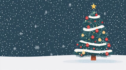 Obraz premium A cheerful Christmas tree adorned with colorful ornaments stands on a snowy ground, set against a snowy blue backdrop, Christmas concept.