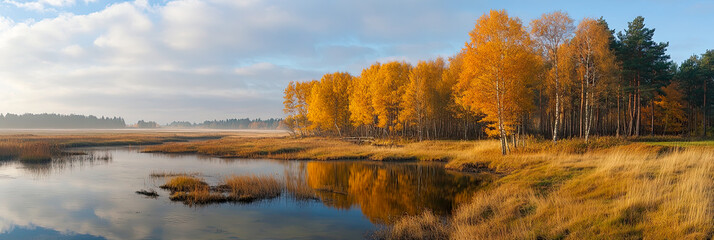 Fototapeta premium Eine Herbstlandschaft mit bunten Bäumen und einem See.
