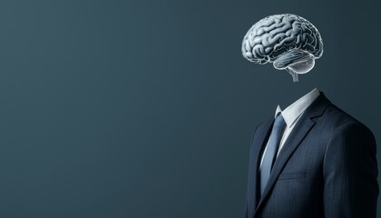 A man in a suit with no visible head, replaced by a digital brain hovering, illustrating a tech-driven mind.