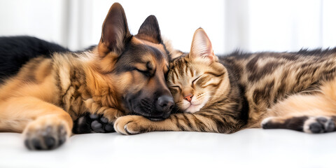 Obraz premium german shepherd and cat sleeping together; copy space; widescreen backdrop