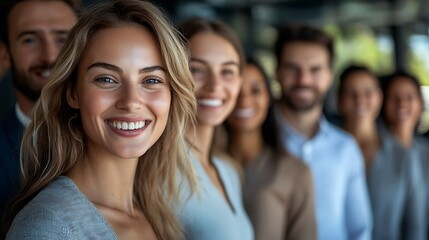 Fototapeta premium Portrait of a group of joyful happy business people men and women having fun and looking cheerful at camera standing in office Company employees team or a group of staff happy to make : Generative AI