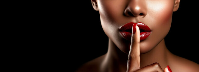 Extreme close-up and front view of a beautiful woman, doing expression with finger on lips silent shh gesture. Secret, silence, taboo and censorship and freedom of speech, concept. Generative Ai.