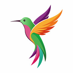 a colorful hummingbird flying with its wings spread out and wings spread out to the side of the image