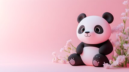 A joyful 3D panda with a gentle smile, sitting against a soft pastel backdrop in shades of lavender and peach, positioned on the right side, representing the calm and playful spirit of the zoo. 