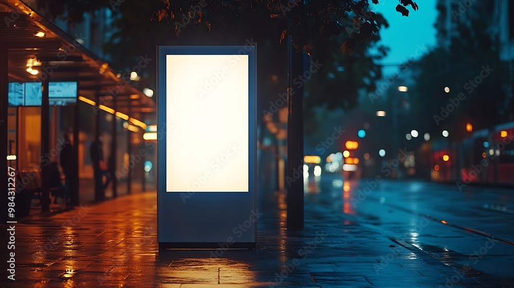 Poster blank white mock up of vertical light box in a bus stop at night : generative ai