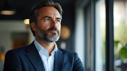 Happy confident mature 45 years old business man investor standing in office looking away Middle aged rich business owner male ceo executive leader wearing suit at work thinking on fut : Generative AI