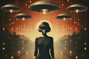 Contemporary artwork photo collage pop art vintage pinup trend style wallpaper Generative AI technology