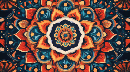 A visual of a bold and intricate mandala pattern with a vibrant color scheme.