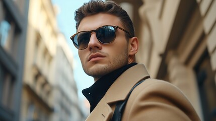 Fototapeta premium Man pride and property in street with sunglasses for fashion style and trendy in outdoor Male person real estate and agent in town for work corporate or career in mens wear in city bac : Generative AI