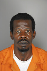 Obraz premium Prison mugshot of Black man in orange jumpsuit and white shirt
