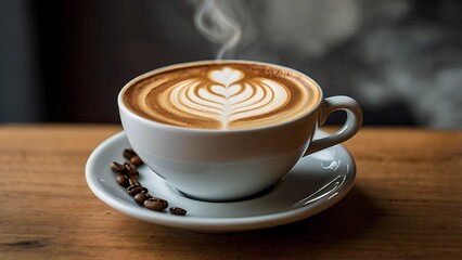 cup of coffee and coffee beans isolated on wooden background 