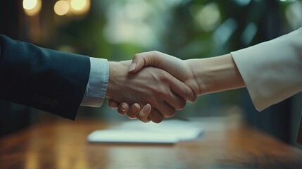 Business people negotiation and handshake for deal agreement or partnership in office Shaking hands closeup and hiring offer for recruitment b2b collaboration or data analyst at table  : Generative AI
