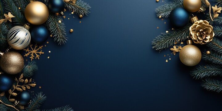 Beautiful Christmas or New Year celebration minimalistic poster or banner with baubles and text space in navy blue, dark green and golden colors