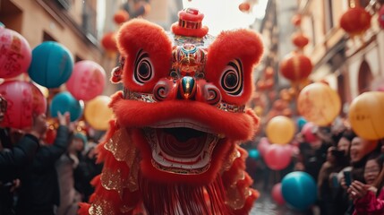 Fototapeta premium A vibrant street scene during Chinese New Year, with lion dances and lanterns in the background.