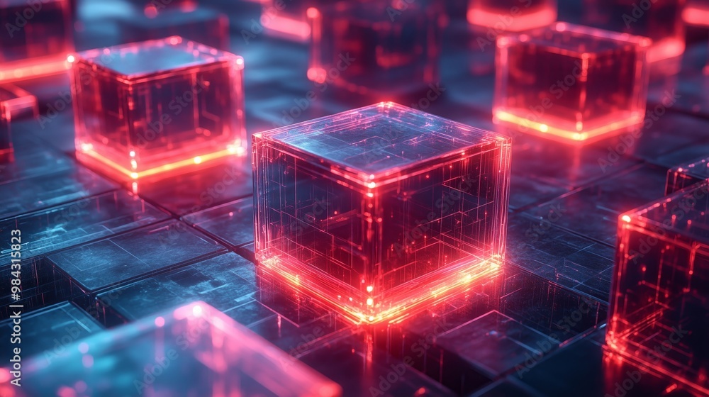 Poster abstract background with glowing neon cubes and glass blocks forming an intricate pattern, symbolizi