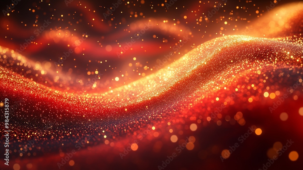 Poster abstract background with golden glitter and glowing light, red flowing wave design. high resolution 