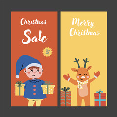 Christmas vertical stories, sale banners set with cute characters elf and reindeer. Xmas decorations and gifts. Ad background for winter holidays.