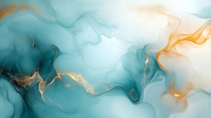 Abstract fluid art in light teal and gold color, white background, soft, dreamy clouds,