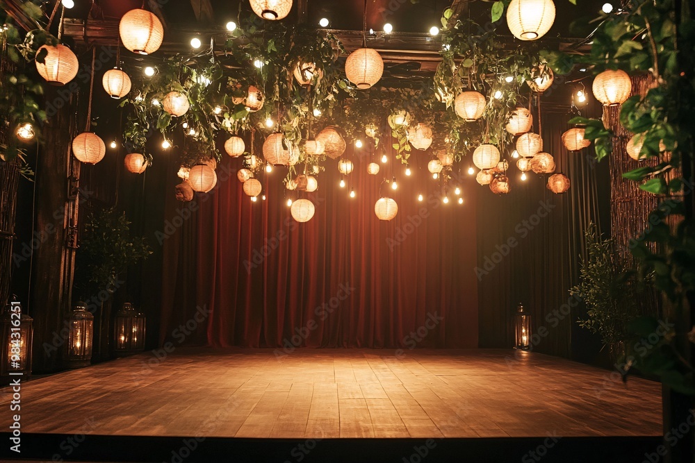 Poster rustic stage with lanterns and paper lanterns