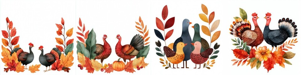 A charming family of turkeys depicted in a festive fall setting
