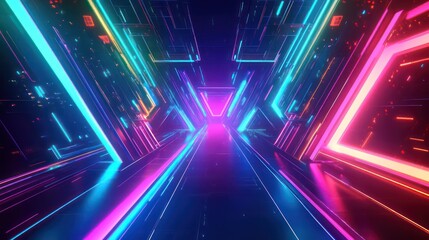futuristic neon light tunnel with sci-fi vibes, abstract cyberpunk 3d illustration in pink, blue, and neon glow