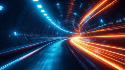 High-speed light streaks in blue and orange, futuristic tunnel background, high speed motion blur