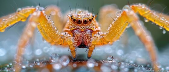 Fototapeta premium Close-Up of an Orange Spider with Dewdrops