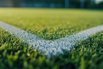 Artistic Close-Up of Soccer Field Lines Against Grass