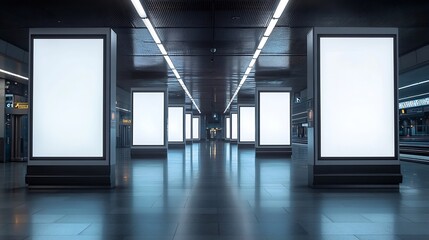 Five empty vertical posters mockups glowing with a LED neon light in an airport terminal a group of blank banners templates in a corridor of a shopping mall mockups of 5 indoor billboa : Generative AI
