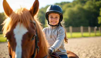 Happy young girl riding a horse in a sunny equestrian arena during her lesson.






