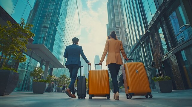 Business people team walking and travel with suitcase in city for corporate job opportunity and networking Professional woman and men talking at outdoor hotel or on the way to airport  : Generative AI