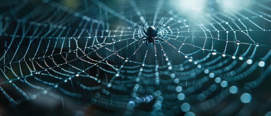 Intricate Spider Web with Dew Drops in Soft Light