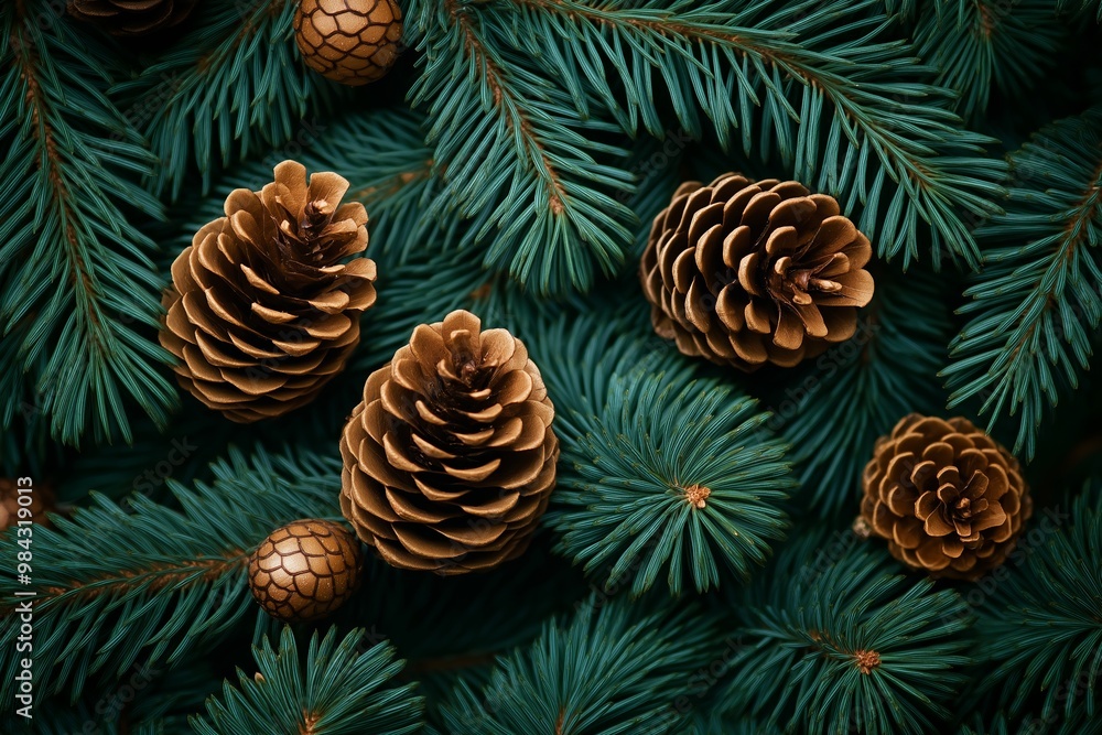 Poster a close up of pine needles with pine cones on top. the pine needles are arranged in a way that they 