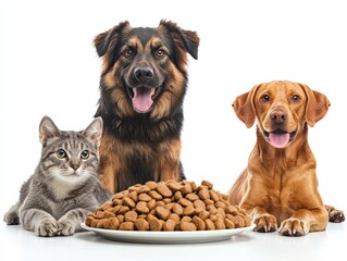 A Cat and Two Dogs Sitting in Front of a Plate of Dry Pet Food