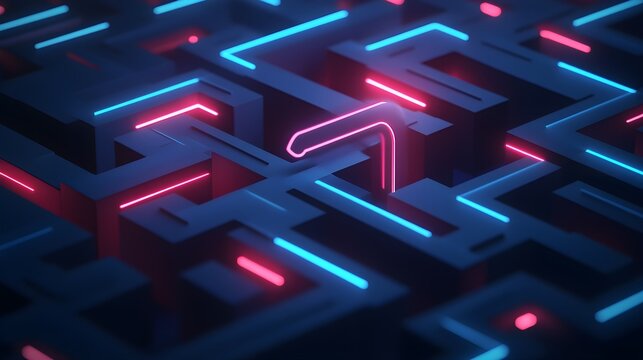 A 3D maze with intricate pathways and walls, featuring a search bar hovering above it, with guiding arrows and illuminated paths leading users through the maze, symbolizing search engine navigation 