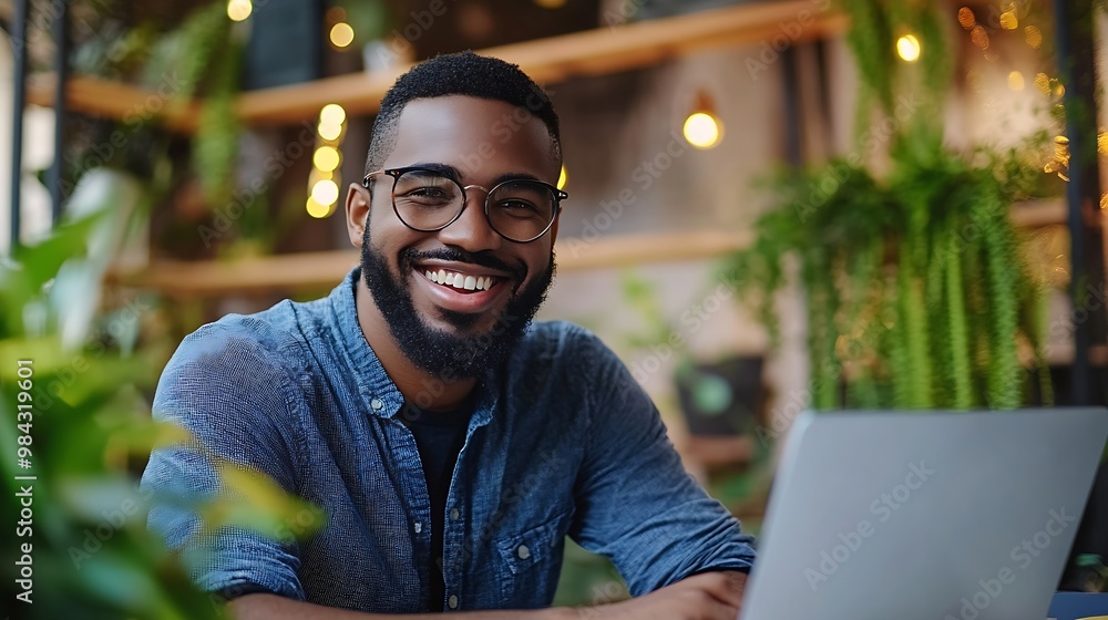 Aufkleber black man smile and laptop in office with smartphone for web design online project and social media 