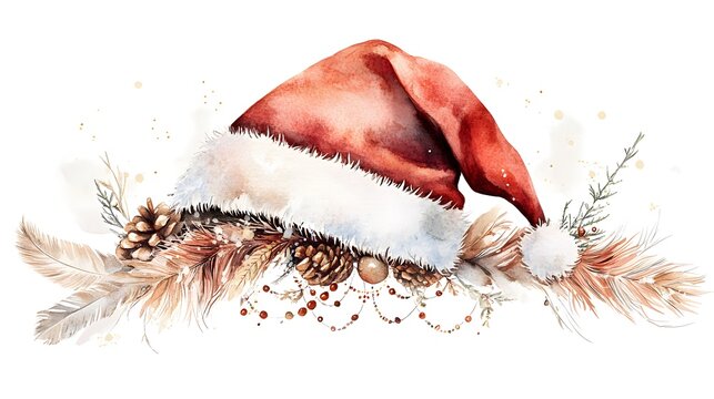 A boho-style Santa hat illustrated in watercolor with delicate feathers and beads, rendered in muted colors and displayed on a white background for a stylish, artistic touch 