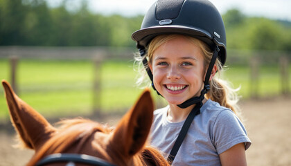 Happy young girl riding a horse in a sunny equestrian arena during her lesson.  