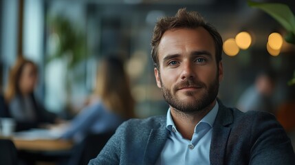 Fototapeta premium Portrait of a business man sitting in an office with his colleagues in the background Happy business man working in a coworking office : Generative AI