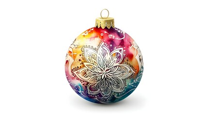 A detailed clipart of a boho-style Christmas bauble with mandala designs and watercolor textures in rich, warm hues, set against a clean white backdrop 