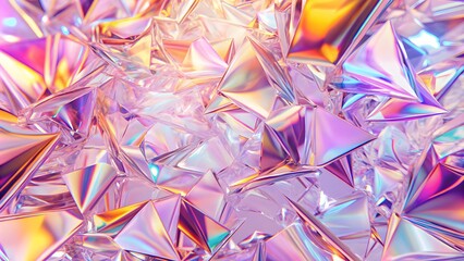 Holographic background with glass shards. Rainbow reflexes in pink and purple color. Abstract trendy pattern. 