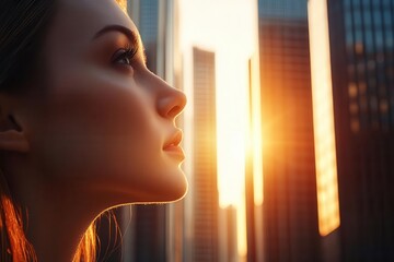 Worms-eye view of a confident womans face framed by skyscrapers