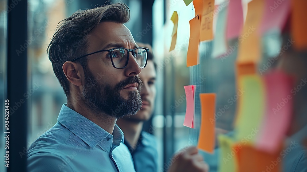 Poster business man brainstorming with his colleague using sticky notes creative business people standing n